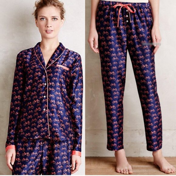Anthropologie x Eloise Bicycle Print Pajama Set Navy Red Size Small - Picture 1 of 16